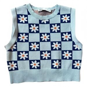 Zara Checkered Floral Knit Crop Top/Vest Size Small